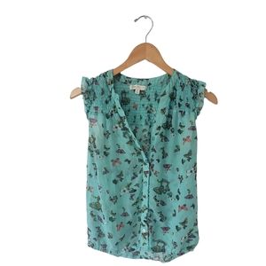 Butterfly Shirt. Sheer. Blue. Buttons. Smocked.